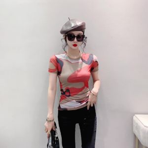 REHIN Womens T-shirt Summer Fashion Mesh Printed Short-sleeved Round-neck Slim-fit S-3XL Trendy Tops with Floral Design