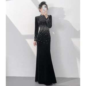 Luxury Designer Black Velvet Fish-tail Long-sleeve Evening Dress
