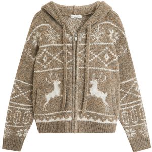INMAN | Alpaca Wool Fair Isle Pattern Hooded Loose Red Knitted Cardigan