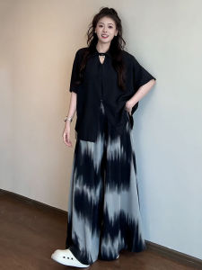 Bộ Đồ Hai Mảnh Phong Cách Trung Hoa Mới Cỡ Lớn Màu Đen Tay Ngắn Quần Áo Mùa Hè Cho Nữ Cỡ Lớn Bộ Đồ Giảm Béo