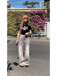 Wide-legged jeans for women retro lax grey straight-leg trousers