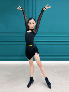 Conny Latin Dance Outfit Tassel Skirt Long Sleeve Mesh Top Childrens Performance Set Practice Uniform Dance Training Wear