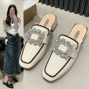 Womens Fall Outdoor Wear Head Cover Slippers 2025 New Style Square Head Elegant Thick Heel Water Diamond Fashion Lazy Mule