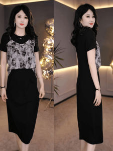 Elegant Short Sleeve round Neck Dress Womens Summer New Design Versatile Midi Skirt Beautiful Match All Seasons Zipper Waist