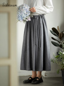Gray Cotton Linen A-Line Skirt with Belt Original Japanese Artistic Style Commuter Friendly High Waist Slimming Midi Skirt