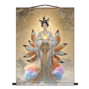 Modern Minimalist Nine-Tailed Fox Lady Portrait Scroll Hanging Painting Fairy Northeast Hall Offering Female Fox True Form Background Decoration