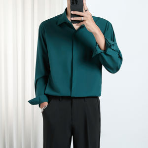 เสื้อเชิ้ตแขนยาวหลวมๆ ลำลองสำหรับผู้ชาย ฤดูใบไม้ผลิและฤดูใบไม้ร่วง ไม่ต้องรีด ผ้าฝ้ายผสมโพลีเอสเตอร์ ปกโปโล ปกติ