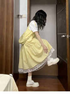 Sweet French Yellow with Polka Dots Strap Dress Childrens Summer 2024 New Arrival Small Sized Mans Wear Waist-Slimming Long Dress