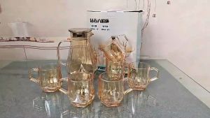 BỘ BÌNH NƯỚC KÈM LY THỦY TINH CAO CẤP BÌNH NƯỚC THỦY TINH MÀU HỔ PHÁCH SANG TRỌNG KÈM KHAY ÚP LY MẠ VÀNG SANG XỊN