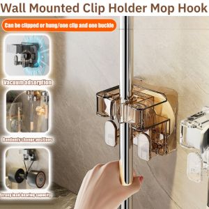 Wall Mounted Clip Holder Mop Hook Punch-Free Bathroom Storage With Clip Hook Multi-Purpose Hooks Clip