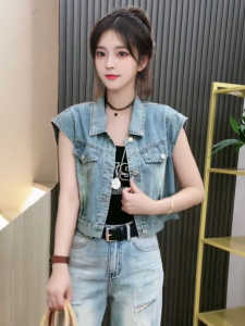 Sleeveless Tank Top Denim Vest Summer Thin Womens Outer Wear Age-Reducing Hong Kong Style Retro Design Coat Top