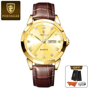 POEDAGAR Genuine Mens Watch Leather Strap Luminous Calendar Waterproof 810