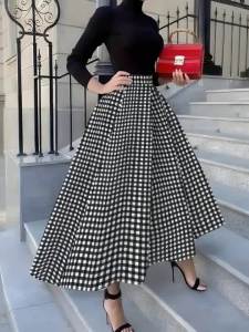 Printed Design spring and summer seasons casual style Checkered Skirt Pearl Bag Pink Shoes pencil skirt
