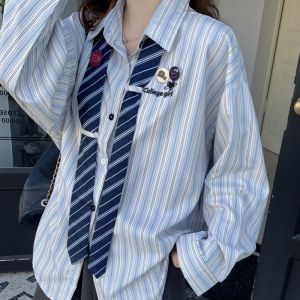 M-4XL Kemeja Wanita Jaket Retro Kain Tinggi Lengan Retro Top Longgar(Dasi+Lencana)