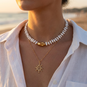 Boho Baroque Irregular Imitation Pearl Necklace For Women Vintage Sun Pendant Layered Choker Summer Vacation Party Jewelry Gift