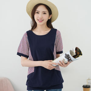 Aiyiqige plus Size Womens T-Shirt Striped Slimming Belly Covering Short Sleeve Summer New Style Korean Loose Fit Cotton Blend