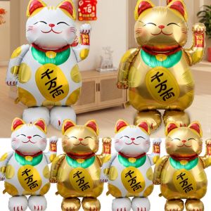 2Pcs Large Standing Fortune Cat Balloon Cute New Year Shopping Mall Ornament Lucky Cat Aluminum Film Airballoon Personalized Spring Festival Home Door Decoration