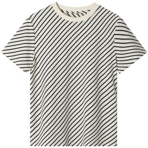 SOLWEIGE | SOLWEIGE Short Sleeve T-Shirt Pure Cotton Round Neck Striped Design Slimming Versatile Commute Style Summer Breathable Casual