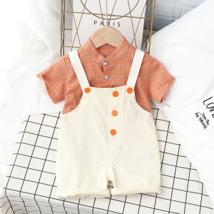 Cool boy suit Summer plaid short sleeved suspenders fashion two-piece set Children clothing suits