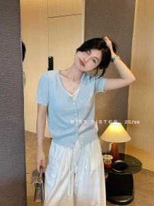 HUOLISI | Korean Style Blue Silk Short Sleeve T-Shirt for Women Summer Stylish Crop Top