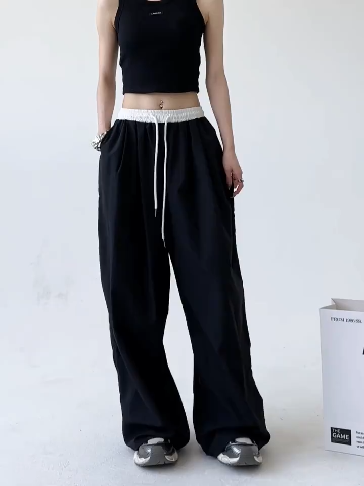 Black Pants For Women American-style Loose Wide-leg Pants Patchwork Joggers Floor-length Leggings