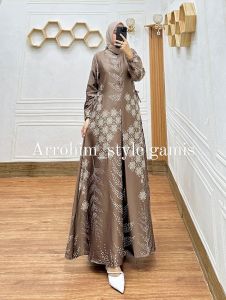 Cod gamis silk premium mewah|Gamis  motif wanita terbaru|Ready Gamis motif print padi jumbo Busui