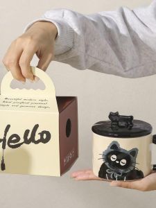 Christmas Eve Gift Cute Cartoon Ceramic Mugs with Lid And Spoon for Women Office Ladies High Aesthetic Value Water Cups