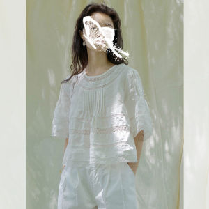 PAIBOLI | Stylish Short Lace Shirt Beautiful French Style Womens Summer Fashion Trendy Small Shirt Large Size Pear Shape Body Type