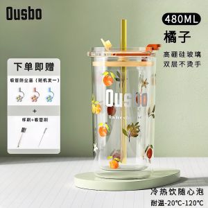 Ousbo Glass Straw Cup Large Capacity Double Layer Insulated Water Coffee Cup for Women Stylish Nordic Style with Lid Adult Gift
