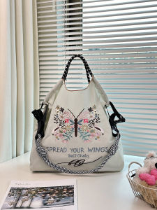 Eco-Friendly Canvas Bag with Ball Chain Embroidery Floral Butterfly Pattern Large Capacity Commuter Bag Light Grey Tote Bag