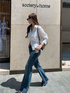 Slim Fit Minimalist V-Neck White Shirt Dancc Casual Design Thin Waist Spring Summer Thin Cotton Long Sleeve Business Shirt