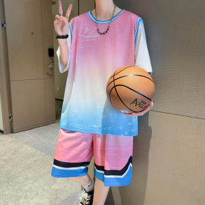 Graduated Color Ice Silk Short Sleeve Short Pants Set for Men Summer 2025 New Casual Sports Basketball Clothes Teenagers