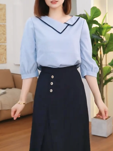 QINGNAER | Stylish Irregular Collar Loose Fitting Slimming Shirt Seven-Sleeves