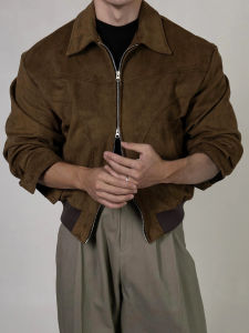 DAVID&ME | Turn-down Faux Suede Aviator Jacket Mens Lightweight Semi-mature Business Casual Brown Short Style