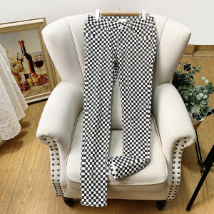 กางเกงขายาวทรงสลิมฟิตเอวต่ำลายสก็อตสีดำขาว เทรนด์แฟชั่นสำหรับผู้หญิง กางเกงขายาวลำลองฤดูใบไม้ผลิและฤดูร้อน