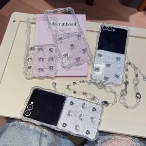 Luxury Glitter 3D Love Heart Bowknot Phone Case for Samsung Galaxy Z Flip 7 6 5 4 3 5G ZFlip7 FE With Lanyard Shockproof Cover