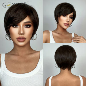 Short Straight Dark Brown Wig Synthetic Pixie Cut Daily Wig with Bangs for Black Women Heat Resistant Fibre Cosplay Natural Hair