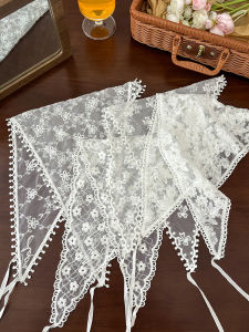 French Style Lace Headscarf Female Pastoral Style Small Square Towel White Flower Triangular Binder Waist Scarf Lace Hair Band Silk Scarf Hair Tie