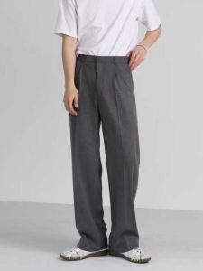 Summer Thin Mens Floor-Length Pants Korean Loose Dark Button Drapey Long Straight Grey Suit Trousers Casual Youth Fashion