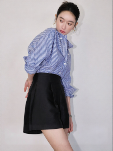SUSHE | Elegant Casual French Blue Long Sleeve Striped Shirt