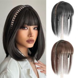 Korean Style Air Bangs Wig Headbands Neat Fringe Bands with Braids Headband Hair Band Wig Hairpieces Replacement Natural Invisible Women Girl Hair Extension Black Synthetic Headband Wig All-in-One Hairpin Straight Hairpiece Hair Hoop Bangs All-in-One