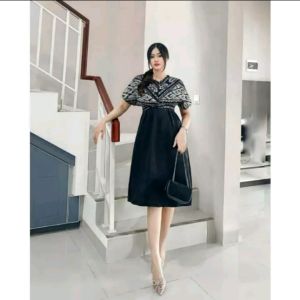 Dress Tenun Couple Kemeja Kombinasi etnik dres midi baju tenun hitam