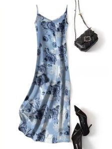 Summer Ice Silk V-Neck Dress Womens A-Line Midi Dress Korean Style Printed Loose Waist Regular Thickness No Sleeve