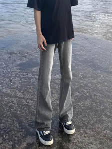 Smoky Gray Flared Stretch Denim Pants for Men Slim Straight Leg