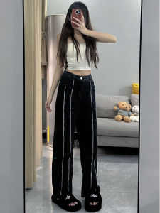 กางเกงยีนส์ทรงตรงเอวสูงสีดำ กางเกงขายาวทรงฮิปฮอปสไตล์ย้อนยุค กางเกงขายาวทรงหลวมสำหรับผู้หญิง ผ้าฝ้ายผสมโพลีเอสเตอร์
