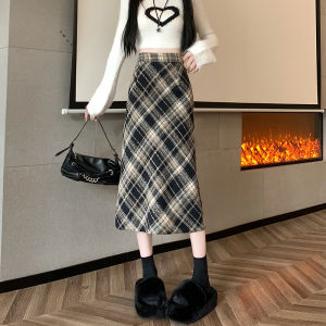 Váy Kẻ Caro Cổ Điển Cho Nữ Mùa Thu Đông Len Nửa Thân Trên Chữ a Cạp Cao Ôm Sát Váy Dài Vừa Phải Có Nút Cài Nhỏ