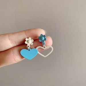 ต่างหูเงินแท้ 925 รูปดอกไม้รูปหัวใจ สไตล์เกาหลี ต่างหูแบบไม่สมมาตร สำหรับนักเรียน ต่างหูแบบสวม