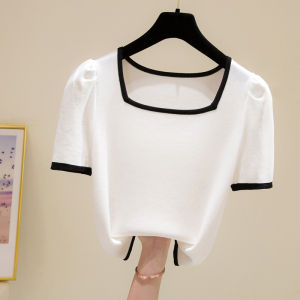WANGGONGZHU | Princess Style Ice Silk Short Sleeve T-Shirt Womens Summer New Fashion French Thin Bubble Sleeve Knitted Elegant Top