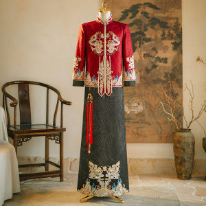 Red Chinese Style Wedding Dress for Men Dragon And Phoenix Pattern Embroidery Long Sleeve Retro Style Groomsmen Ceremony Clothes