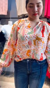 Pink Floral Print Bubble Hem Split Neck Blouse (KS25125226-P1420) - Big Size (50KG-130KG)